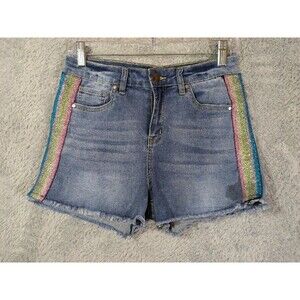 High Waist Rainbow Side Stripe Jean Shorts Size 7 Distressed Hem Y2K Festival